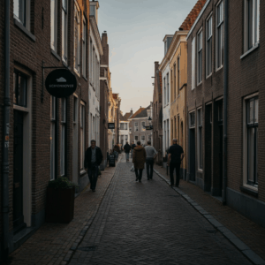 Een rustig tafereel van de compacte straten van Schoonhoven, met mensen die warm met elkaar omgaan, symbool voor sociale verbinding en gemeenschap.