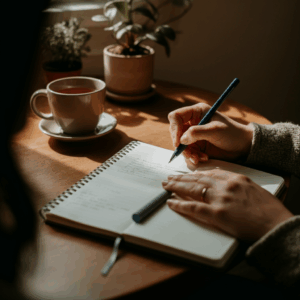 Een rustgevende afbeelding van een persoon die in een notitieboek schrijft, met een kop thee en planten op de achtergrond.