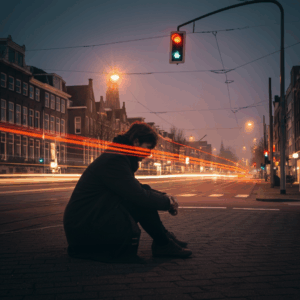 Een visuele weergave van de wisselwerking tussen de stedelijke omgeving van Roosendaal en innerlijke emoties, met een persoon die reflecteert in een dynamische stad.