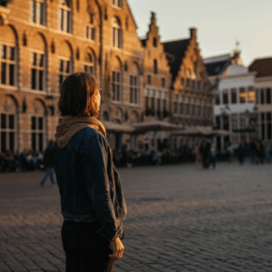 Afbeelding van een persoon die reflecteert op de Grote Markt in Breda, symbool voor zelfbewustzijn en de rol van Haptotherapie Breda in het versterken van persoonlijke inzichten.