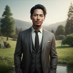 Afbeelding van een zelfverzekerde man in een natuurlijke omgeving, symbool voor balans en rust door haptotherapie.