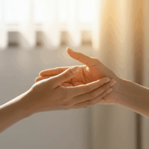 Een symbolische afbeelding van twee handen die elkaar zachtjes ontmoeten, symbool voor verbinding en vertrouwen in een therapeutische setting.