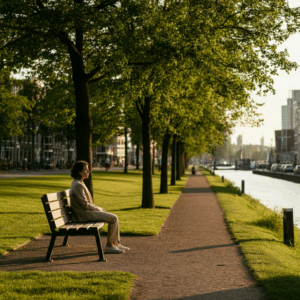 Een serene weergave van een persoon die rustig in een park in Rotterdam zit, symbool voor herstel na traumaverwerking.