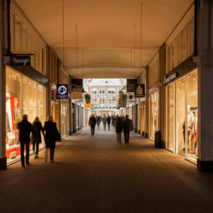Een dynamische scène van de Passage in Roosendaal, met kleurrijke etalages en een levendige sfeer.