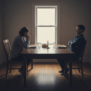 Een stel zit aan een eettafel, zichtbaar emotioneel afstandelijk, zonder oogcontact en met een gespannen sfeer