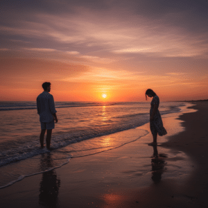 Een stel staat op een strand bij zonsondergang, met een grote afstand tussen hen. De een kijkt naar de horizon, terwijl de ander naar de grond kijkt, wat stilte en emotionele verwijdering symboliseert.