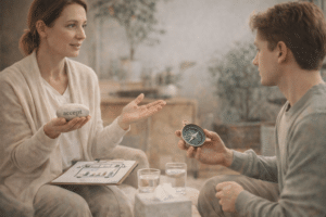 ACT therapeut en cliënt in gesprek tijdens een therapiesessie, waarbij acceptatie en richting geven aan persoonlijke waarden centraal staan