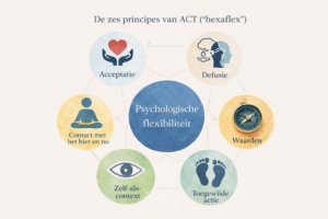 Schema van de zes principes van ACT therapie, met acceptatie, defusie, contact met het hier en nu, zelf-als-context, waarden en toegewijde actie rond psychologische flexibiliteit