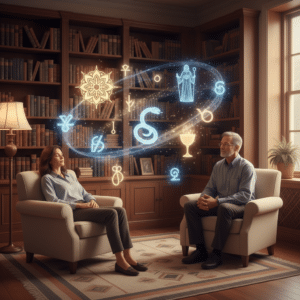 Twee personen in een bibliotheekomgeving, bezig met actieve imaginatie, omringd door gloeiende symbolen die inzicht en begeleiding vertegenwoordigen.