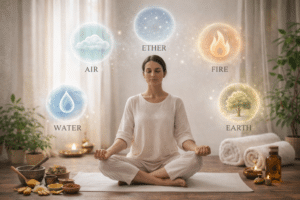 Vrouw in meditatie omringd door symbolen van de vijf Ayurvedische elementen, passend bij een Ayurvedische leefwijze en balans tussen lichaam en geest