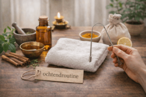 Ayurvedische ochtendroutine met tongschraper, kruiden en olie, passend bij Dinacharya en het ondersteunen van balans en spijsvertering