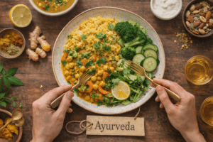 Warme Ayurvedische maaltijd met rijst, groenten en specerijen, passend bij Ayurvedische voeding en het ondersteunen van de spijsvertering