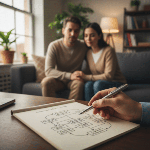 Een therapeut wijst naar een gestructureerd diagram tijdens een therapiesessie, met een stel op de achtergrond.