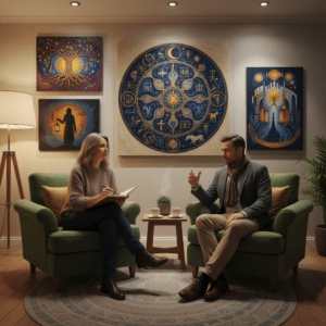 Een Jungiaanse therapiesessie waarin een therapeut en cliënt in gesprek zijn, met symbolische kunst op de achtergrond, die de focus op droomanalyse en zelfinzicht benadrukt.