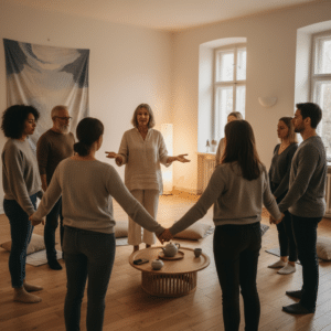 Een groep mensen staat in een cirkel tijdens een familieopstelling, geleid door een facilitator. Dit beeld illustreert de dynamieken en patronen binnen een familiesysteem.
