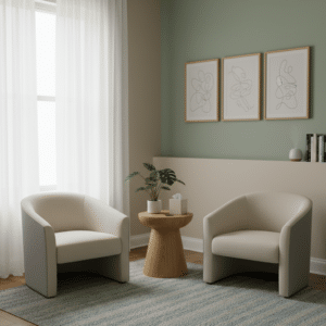 Een serene en georganiseerde therapieruimte met twee stoelen en een tafel, ideaal voor relatietherapie.