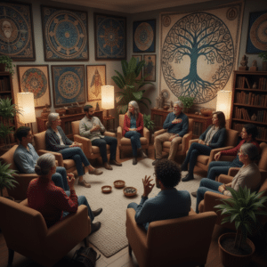 Een diverse groep volwassenen in een cirkel tijdens een Jungiaanse groepssessie, in een warme ruimte met kunst aan de muren, die introspectie en gemeenschap benadrukt.