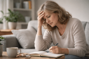 Vrouw van middelbare leeftijd die geconcentreerd in een notitieboek schrijft terwijl ze haar hoofd ondersteunt, passend bij hersenmist en mentale vermoeidheid