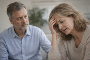 Vrouw van middelbare leeftijd die nadenkend uit het raam kijkt met een zachte waas rond haar hoofd, als visuele weergave van hersenmist en onzichtbare klachten