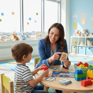 Een neuropsycholoog werkt met een kind aan een cognitieve beoordeling met behulp van educatieve hulpmiddelen, wat illustreert hoe een traject bij een neuropsycholoog verloopt.
