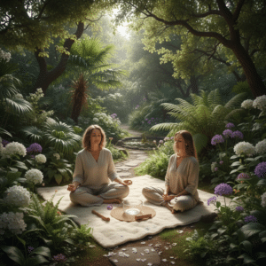 Een holistisch therapeut begeleidt een cliënt tijdens een mindfulnessactiviteit in een serene tuin, omringd door groen en zonlicht, als onderdeel van een traject.