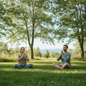 Een ademcoach begeleidt een cliënt tijdens een ademsessie in een groene, natuurlijke omgeving, gericht op ontspanning en het aanleren van ademhalingstechnieken.