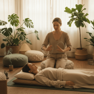 Een ademcoach voert energie- en ademhalingsoefeningen uit met een cliënt in een serene ruimte gevuld met planten, gericht op ontspanning en balans.