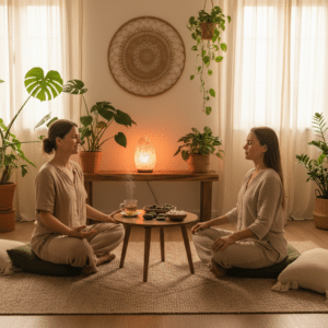 Een holistisch therapeut begeleidt een cliënt bij een ademhalingsoefening in een rustige ruimte met natuurlijke elementen en zachte verlichting.
