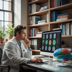 Een neuropsycholoog analyseert hersenscans op een computerscherm in een moderne kantooromgeving, wat inzicht geeft in hoe neuropsychologisch onderzoek werkt.