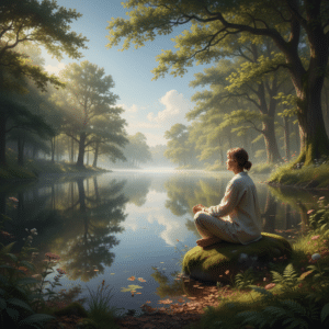 Een vrouw die rustig mediteert op een mosrijke steen bij een serene, zonovergoten meer, wat een gevoel van rust en zelfreflectie uitstraalt.