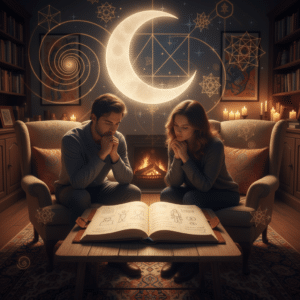 Een Jungiaanse droomanalysesessie waarin een stel een open boek met mystieke symbolen bestudeert, omringd door een maan en een haardvuur, die het proces van individuatie symboliseren.