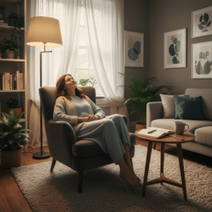 Een cliënt die ontspannen zit in een comfortabele stoel in een psychologenpraktijk, met een warme en uitnodigende sfeer, gericht op mentale gezondheid.