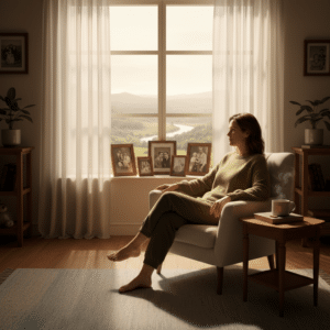 Een vrouw zit rustig bij een raam, omringd door een serene omgeving, wat introspectie en persoonlijke groei symboliseert. Dit beeld benadrukt de reflectieve aard van familieopstellingen