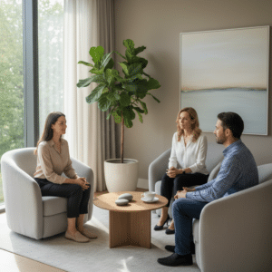 Een professionele setting met een therapeut en twee cliënten in gesprek, gericht op begeleiding in Rotterdam.