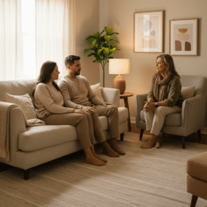 Systeemtherapie voor het oplossen van relatieproblemen: een koppel in gesprek met een therapeut in een warme en uitnodigende woonkamer, waar een veilige en comfortabele sfeer centraal staat.