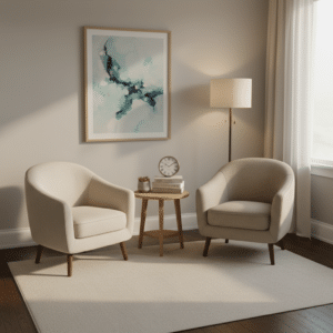 Een rustige en comfortabele ruimte met twee stoelen en een tafel, symbool voor de diverse therapieopties in Rotterdam.