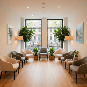 Rustige wachtruimte die het therapieproces in Amsterdam ondersteunt.