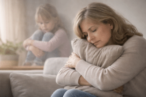 Volwassen vrouw die zichzelf troostend vasthoudt terwijl een vervaagde achtergrond haar innerlijk kind symboliseert, passend bij trauma met een kleine t en emotionele conditionering