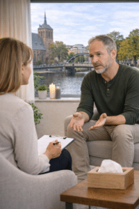 Traumatherapie in Zwolle waarbij een client in gesprek is met een therapeut over verwerking en herstel na trauma