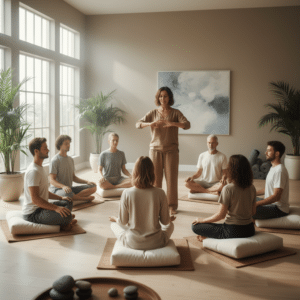 Een ademcoach begeleidt een diverse groep mensen tijdens een ademhalingssessie in een lichte, serene studio, gericht op het verminderen van stress en het verbeteren van welzijn.