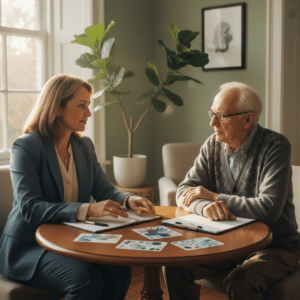 Een neuropsycholoog voert een geheugentest uit met een oudere patiënt aan een tafel, wat laat zien voor welke klachten een neuropsycholoog wordt ingezet.