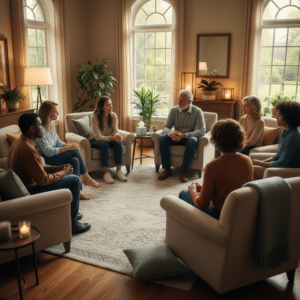 Een diverse groep volwassenen die in een ondersteunende kring zit en een open gesprek voert in een warme, natuurlijk verlichte woonkamer, wat gemeenschap en verbinding uitstraalt.