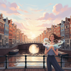 Illustratie van een vrouw die rust en vreugde ervaart bij een Amsterdamse gracht, passend bij traumatherapie.