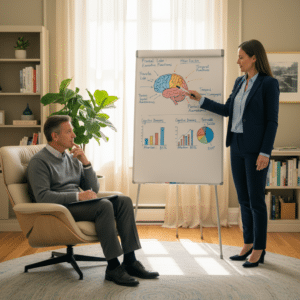 Een neuropsycholoog legt testresultaten uit aan een patiënt met behulp van een whiteboard, wat illustreert waar een neuropsycholoog zich op richt.