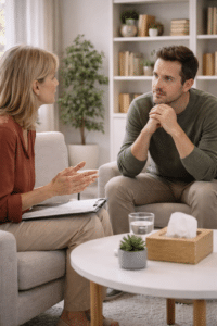 Waar richt psychotherapie zich op tijdens een gesprek waarin therapeut en client werken aan inzicht gedrag en emotionele balans