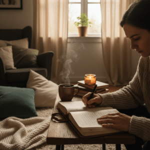 Een vrouw die in een warme, gezellige woonkamer in een dagboek schrijft, wat introspectie, comfort en mindful zelfzorg symboliseert.