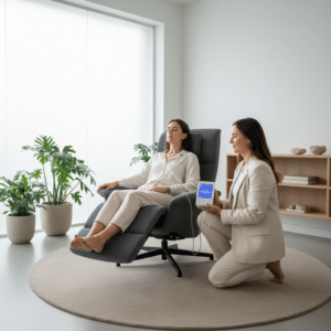 Een ademcoach gebruikt een biofeedbackapparaat tijdens een ademsessie in een moderne studio, gericht op het zorgvuldig monitoren van ademhalingspatronen en het waarborgen van veiligheid.