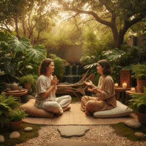 Een holistisch therapeut luistert aandachtig naar een cliënt tijdens een sessie in een rustige, natuurlijke omgeving.