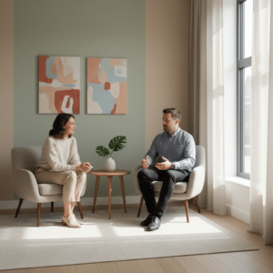 Een psycholoog in gesprek met een cliënt in een rustige, moderne praktijkruimte, passend bij het thema 'Wat doet een psycholoog?