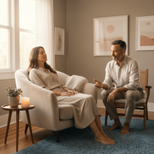 Een vrouw die ontspannen in een fauteuil zit met gesloten ogen, terwijl een therapeut tegenover haar zit en rustig met haar praat in een warme, zonovergoten kamer.